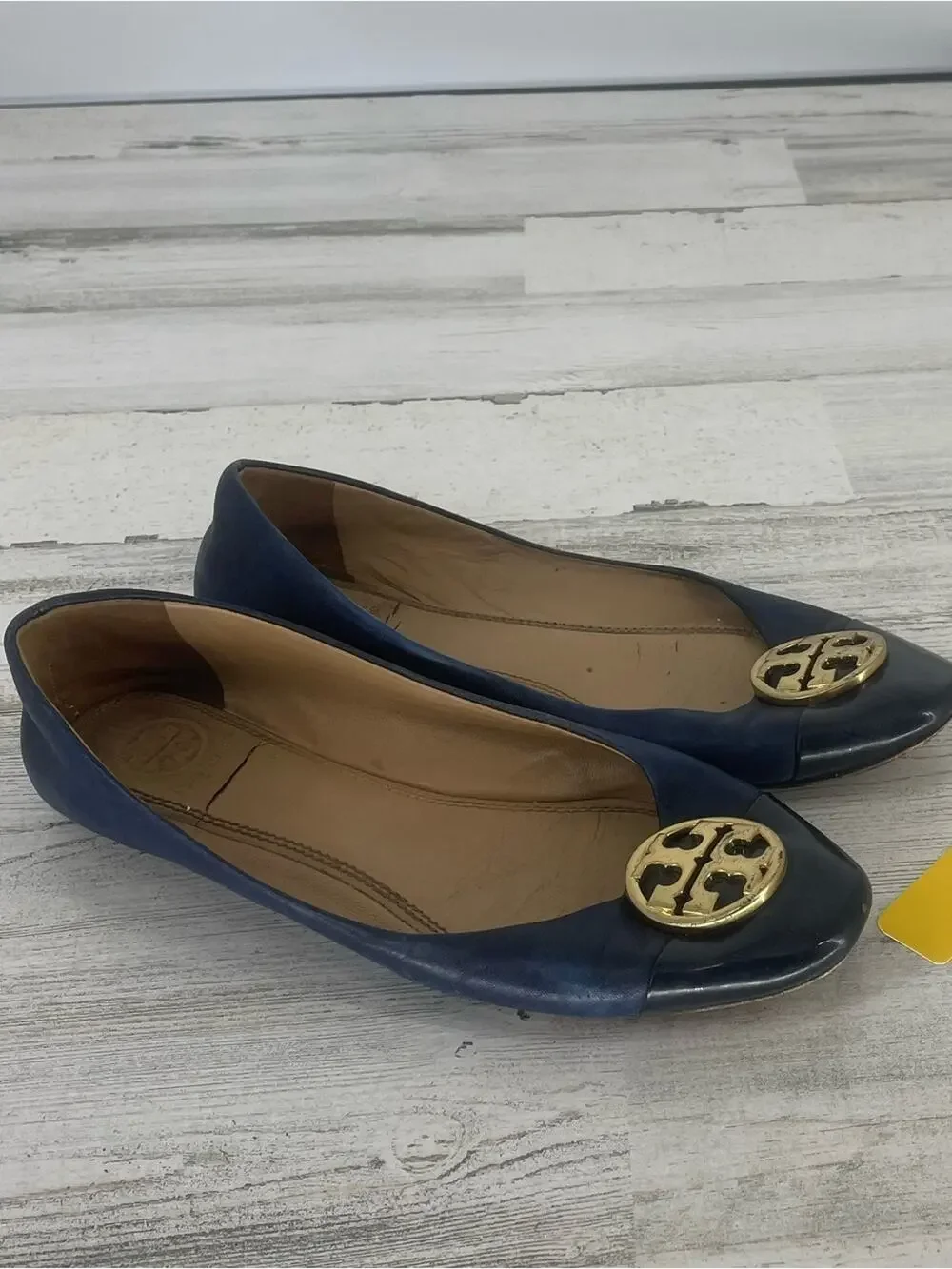 Tory Burch Chelsea Cap Toe Ballet Flats Navy Leather Size 7.5 Gold Logo